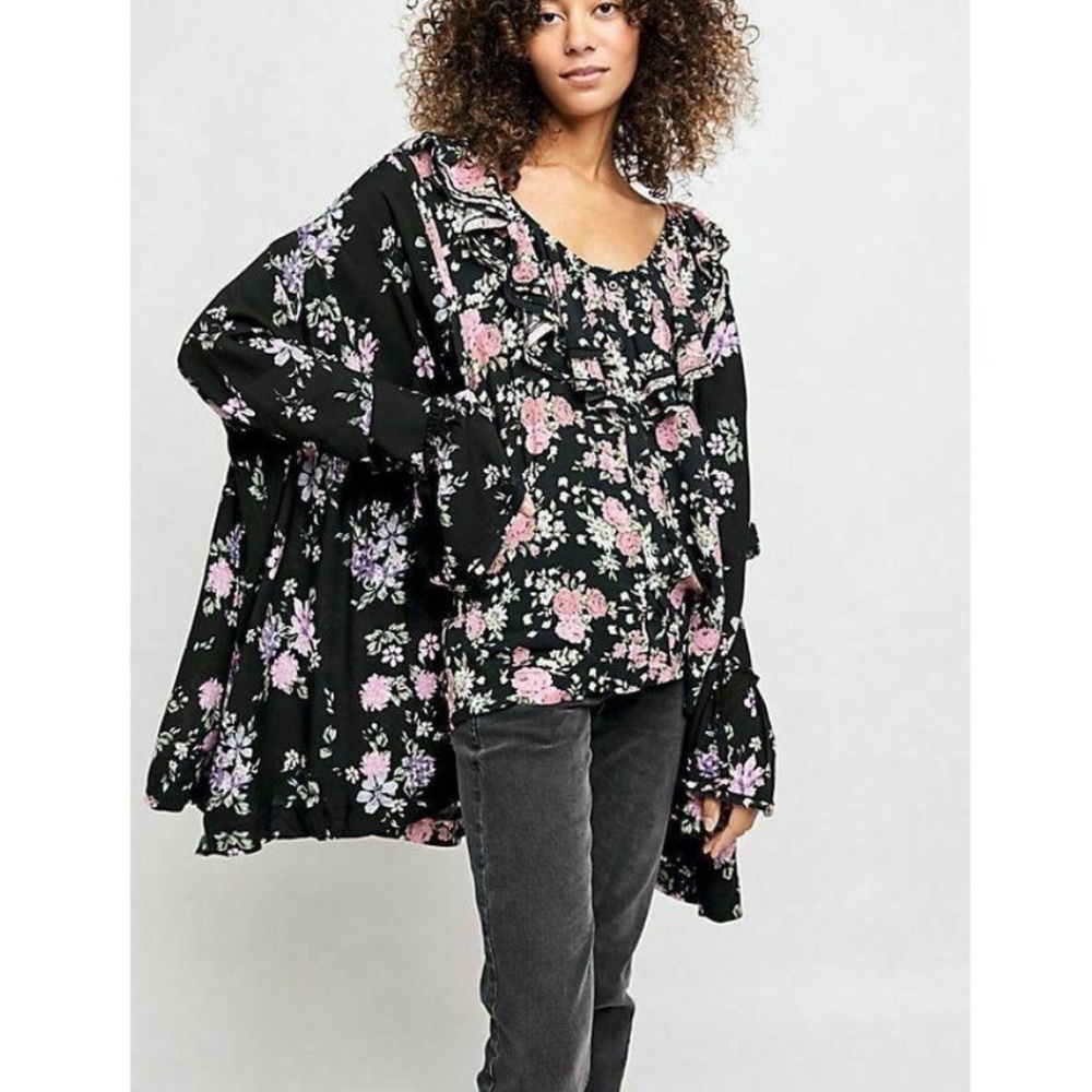 Free People Loretta Dark Combo Printed Tunic Top women oversized blouse Sz S